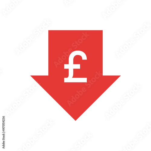 Red arrow pointing down with a white pound symbol indicating financial decrease or economic downturn signs