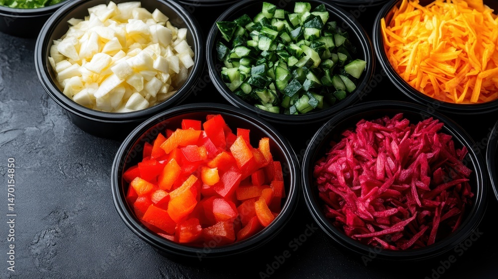 A vibrant display of colorful, freshly chopped vegetables arranged neatly in individual bowls, showcasing a healthy and visually appealing selection of ingredients. A vibrant display of colorful, freshly chopped vegetables arranged neatly in individual bowls, showcasing a healthy and visually appealing selection of ingredients.