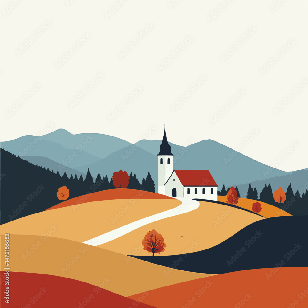Naklejka premium Serene Autumn Landscape With Church And Rolling Hills In Minimalist Vector Style