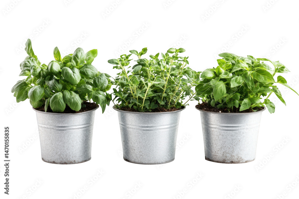 Three potted herbs in metal containers isolated on transparent background Three potted herbs in metal containers isolated on transparent background