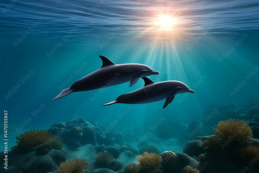 Fototapeta premium Swimming with dolphins in tropical seas underwater adventure experience