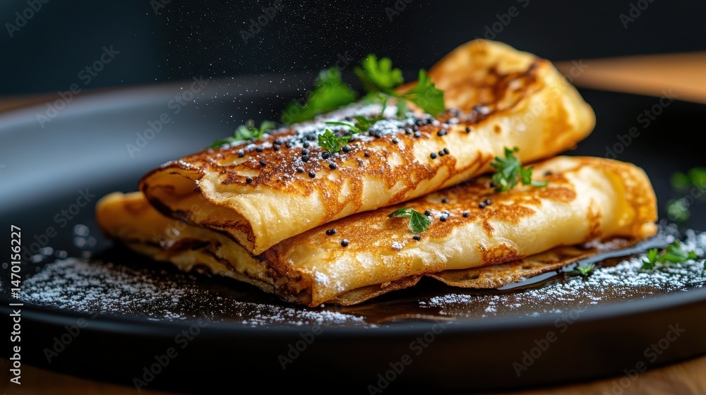 A delectable stack of savory pancakes garnished with herbs and powdered sugar, offering a mouth-watering experience on a sleek black plate, perfect for brunch or breakfast. A delectable stack of savory pancakes garnished with herbs and powdered sugar, offering a mouth-watering experience on a sleek black plate, perfect for brunch or breakfast.