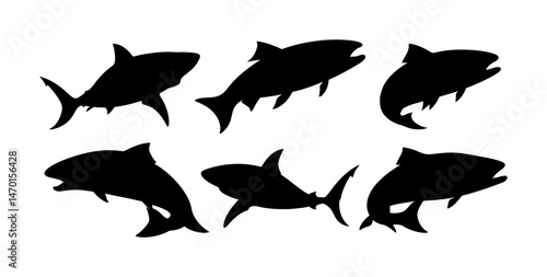 Silhouette illustration featuring a group of six fish in various orientations