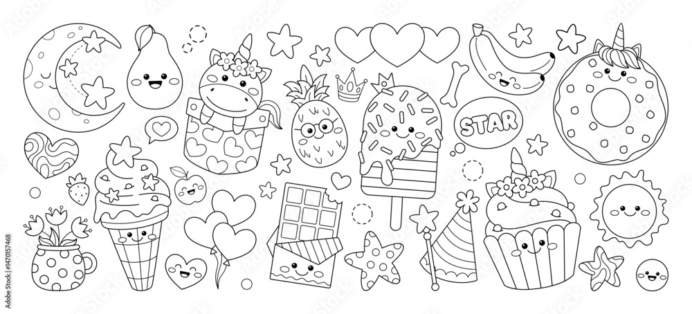 Set of doodle illustrations on kawaii theme. Vector illustration Set of doodle illustrations on kawaii theme. Vector illustration