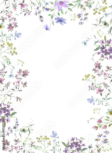 Watercolor floral frame with delicate wildflowers. Hand drawn illustration. 