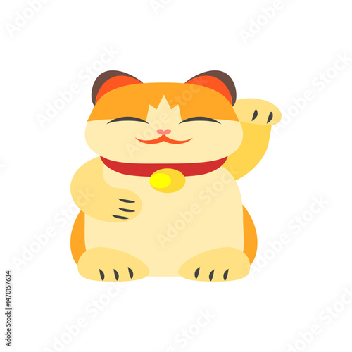 Illustration of a maneki neko with orange and yellow fur wearing a red collar with a gold bell charm