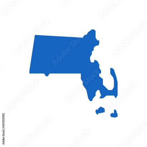 A blue silhouette of the state of massachusetts is displayed against a white background in this image