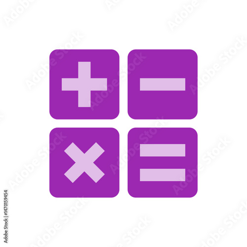 Illustration of four purple squares with mathematical symbols including plus minus multiplication and equals sign