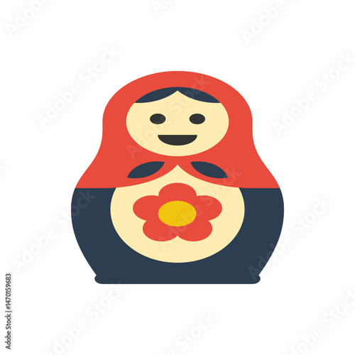 Illustration of a traditional russian matryoshka doll with a red headscarf and a flower on its belly