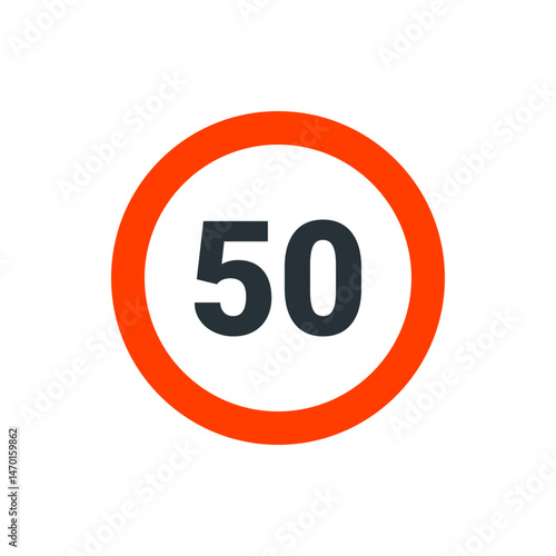 A circular road sign with a red border and the number fifty in black indicating a speed limit restriction