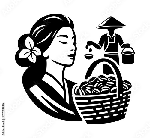 Coffee Bean Basket Woman Farmer Icon Vector Logo