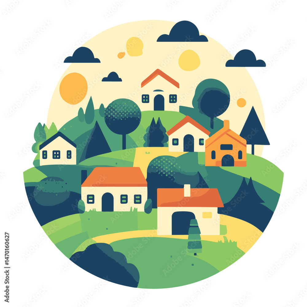 Fototapeta premium Flat Vector Illustration Of A Serene Village Landscape With Colorful Houses Trees And Rolling Hills