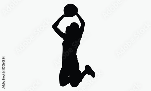 woman basketball silhouette, female athlete jump, layup shot pose, black white player