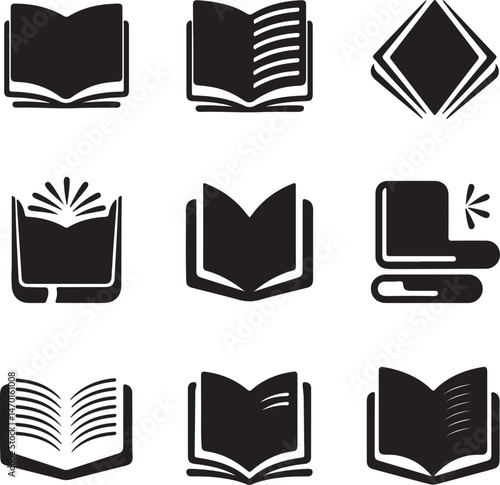  Black and white icons of open books displayed on a white background.
