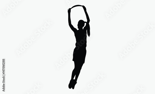 woman basketball silhouette, female athlete jump, layup shot pose, black white player