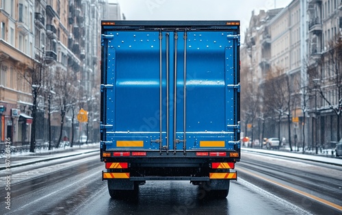 Blue truck back end on snowy city street.