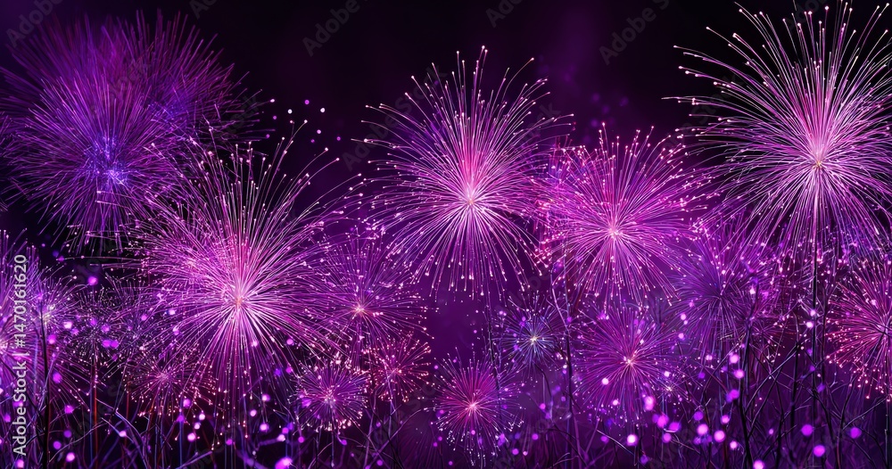Fototapeta premium Vibrant purple fireworks illuminate the night sky.
