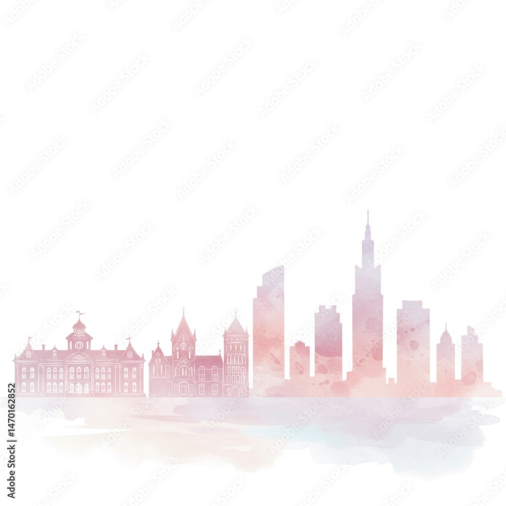 Fototapeta premium Pastel Watercolor City Skyline Illustration
