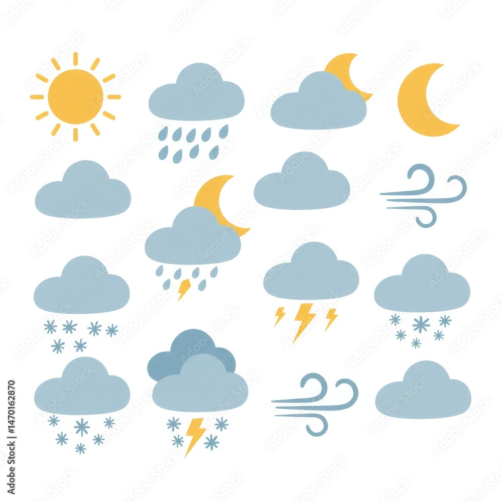 Obraz premium Simple Weather Icons Set: Sun, Moon, Clouds, Rain, Snow, Wind