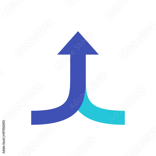 Two curved lines merging into a single upward pointing arrow on a white background in a simple graphic