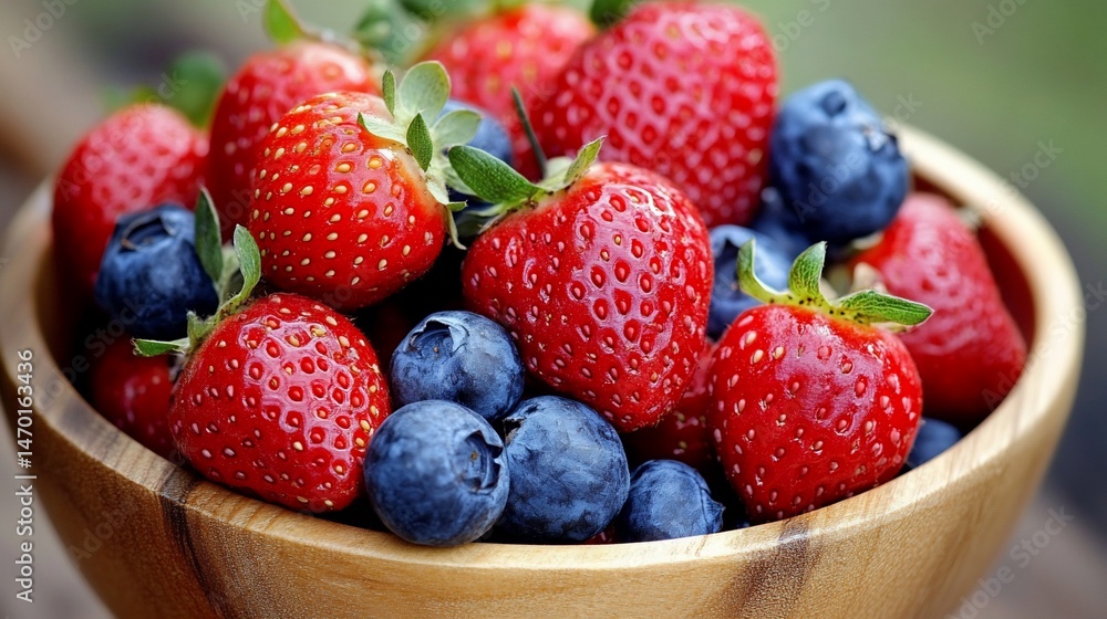Freshly picked strawberries and blueberries in a wooden bowl. Freshly picked strawberries and blueberries in a wooden bowl.