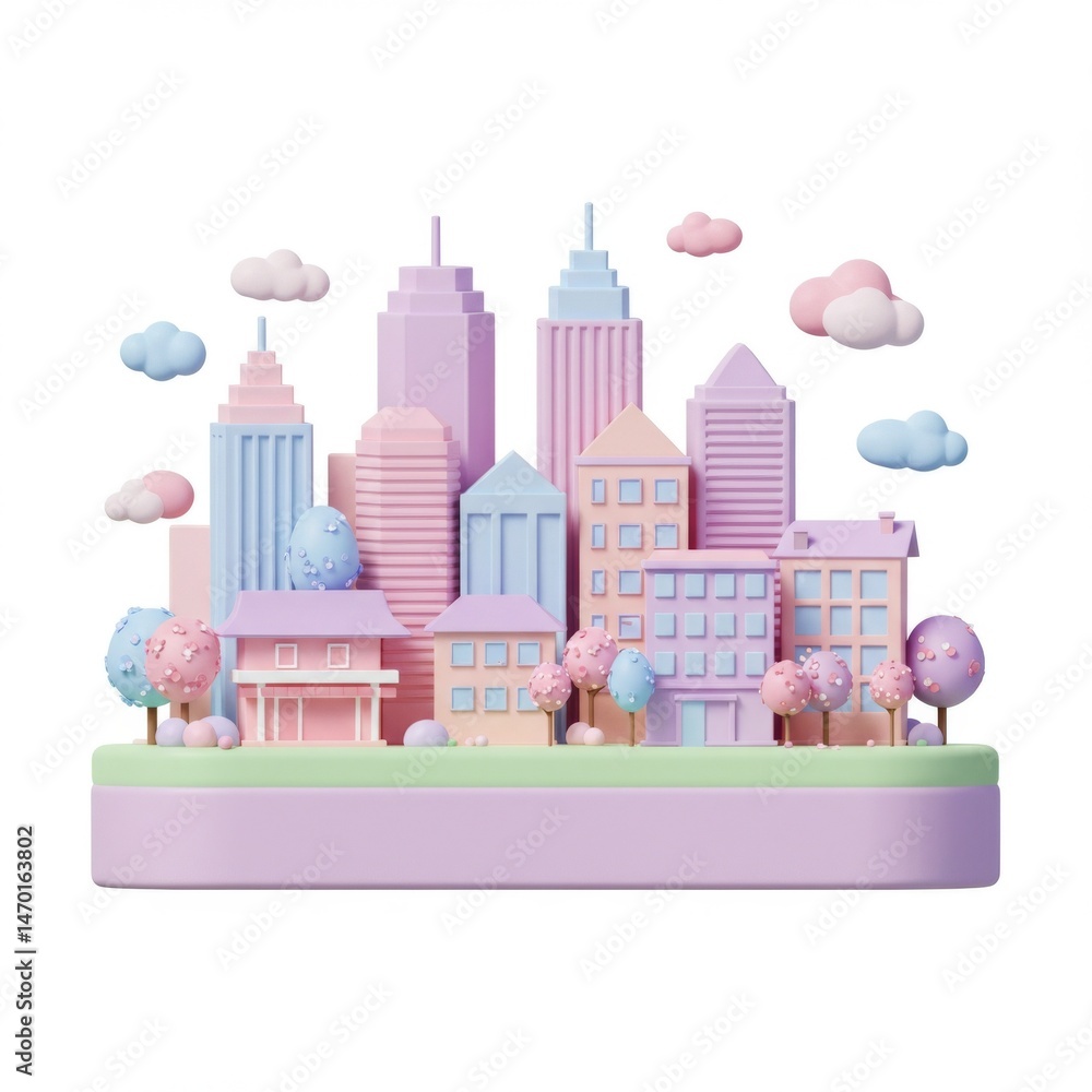 Fototapeta premium Pastel Cityscape: 3D Render of Whimsical Buildings