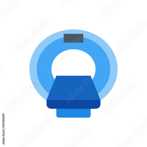 Illustration of a ct scanner machine with blue circular frame and a dark blue examination table below