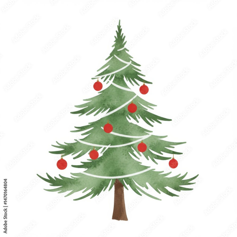 Fototapeta premium Watercolor Christmas Tree with Red Ornaments