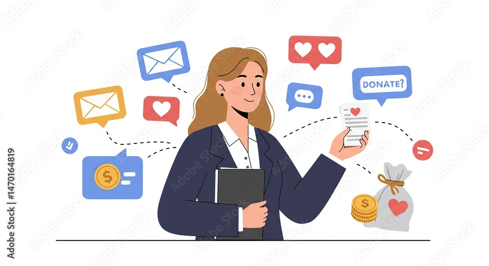 Woman Managing Online Donations Via Email and Social Media Woman Managing Online Donations Via Email and Social Media