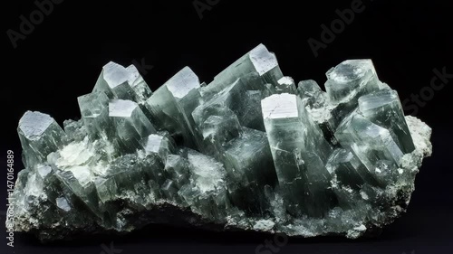 A cluster of green quartz crystals on a black background