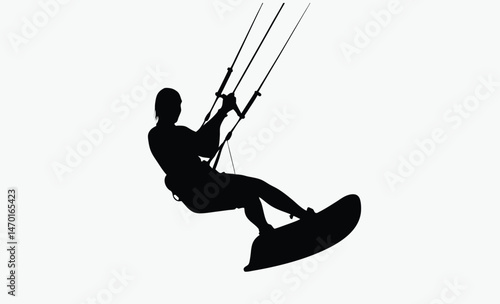 kitesurfing silhouette vector, athlete with kite, dynamic surf posture, black white kitesurfer, harness sport pose