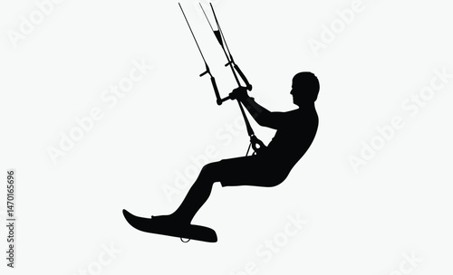 kitesurfing silhouette vector, athlete with kite, dynamic surf posture, black white kitesurfer, harness sport pose