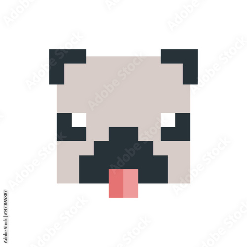 A pixelated pug face with a light gray head, dark gray ears and nose, and a small pink tongue sticking out