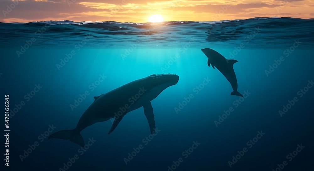Obraz premium Humpback Whale & Dolphin Glide Gracefully Under Sunset Ocean Waves in Azure Water, Silhouetted Under Golden Light Beams