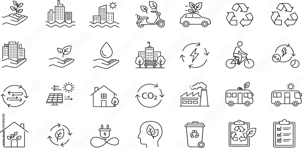 Green city editable stroke outline icons set isolated on white background flat vector illustration Green city editable stroke outline icons set isolated on white background flat vector illustration