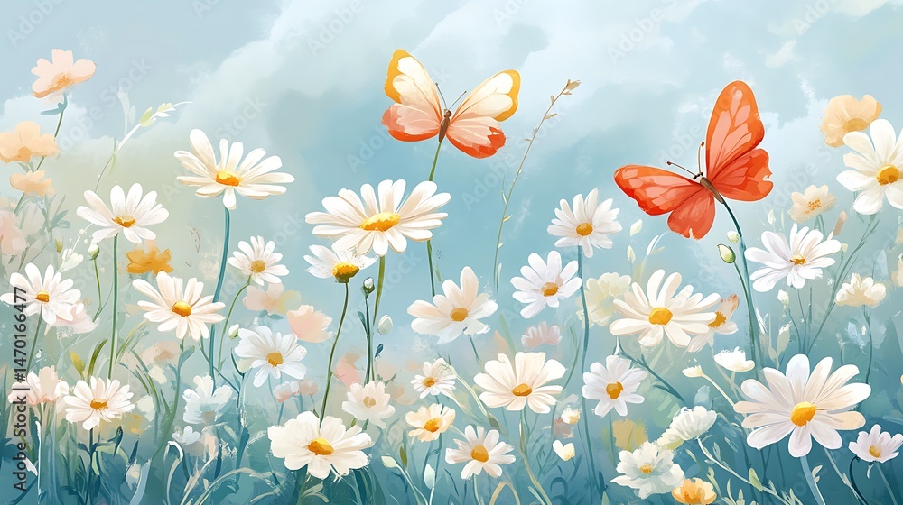 Obraz premium Butterflies over daisy field.