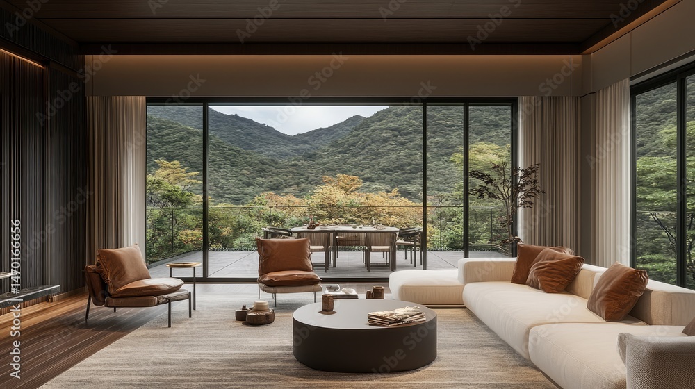 Fototapeta premium Modern living room with a breathtaking mountain view.