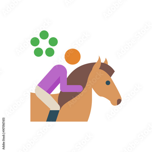 Stylized depiction of a horse and jockey with green circles and an orange circle above the horse rider
