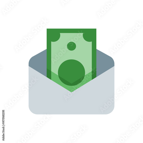 Green money sticking out of a gray envelope with a circle and two rounded rectangles on the money item