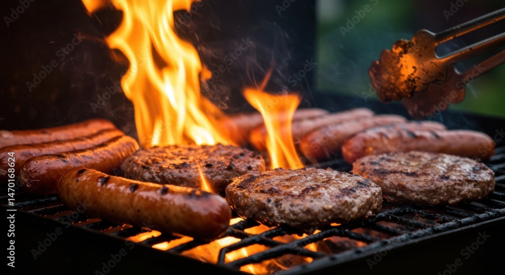 Naklejka premium Sausages and burgers grilling over an open flame on a charcoal grill with metal tongs holding food