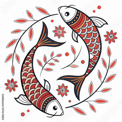 Fish motif alpona for bengali new year vector illustration 