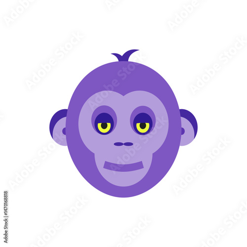 Photography Illustration of a purple monkey with yellow eyes and a sad expression in a simpl