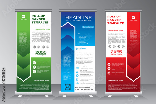 Business roll up banner design set with red, blue and green colour, vector vertical banner template, roll up banner template, standee banner template, Modern Pull up, x-banner. vector eps 10