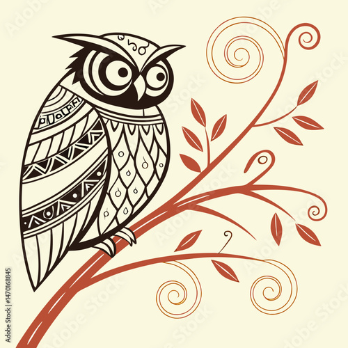 Owl bengali folklore motif in alpana style vector illustration 