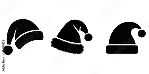 Silhouette set of black santa hats. New Year black hat, Set of red Christmas hats, Black Silhouette Vector Illustration, Christmas icon hats. Monochrome vector illustration. 