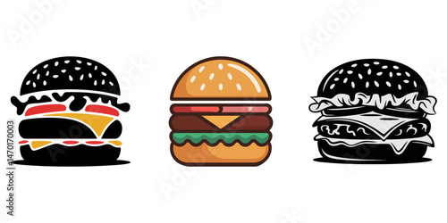 Logotype icons burger illustration, outline, silhouettes isolated on white background, Burger icon set. cheese burger Symbol. hamburger sign. for mobile concept and web design. vector illustration on.
