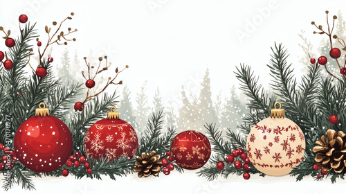 Festive christmas decorations illustration with ornaments and evergreen elements