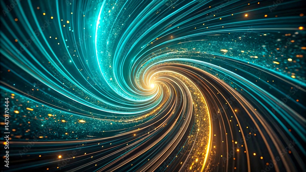 Fototapeta premium Stunning swirling vortex of teal and gold light streaks creates a mesmerizing abstract background perfect for technology or science designs.