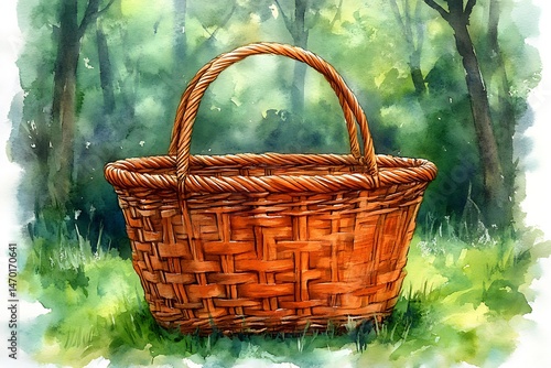 Hand-painted illustration of a rustic wicker basket outdoors.