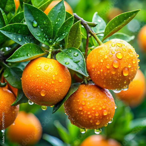 freshly picked oranges glistening with raindrops
